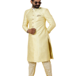 Stunning Light Yellow Banarasi Brocade Achkan for Men | Father-Son Combo | Pastel Sherwani | Grooms & Weddings | Jaipurio